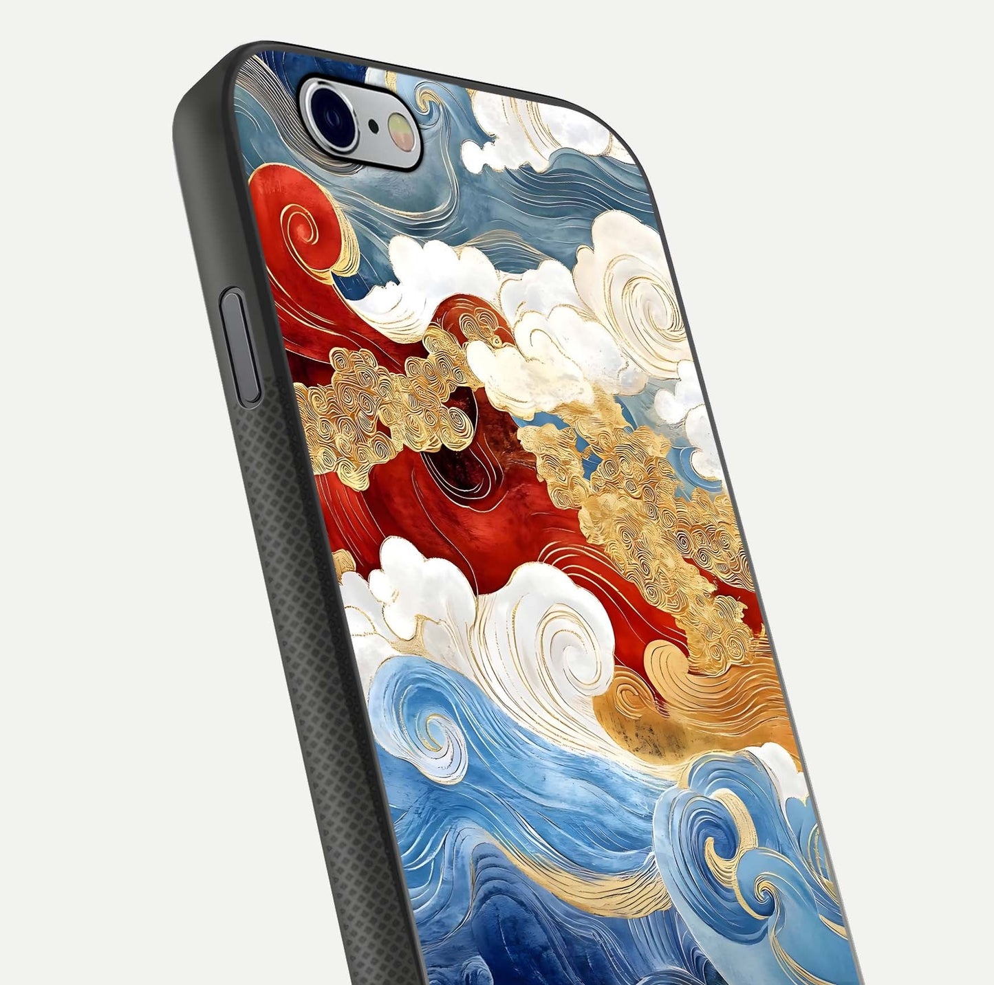 Colored Waves Glass Case for iPhone 16 Pro close-up angled shot highlighting gradient flow and light reflection