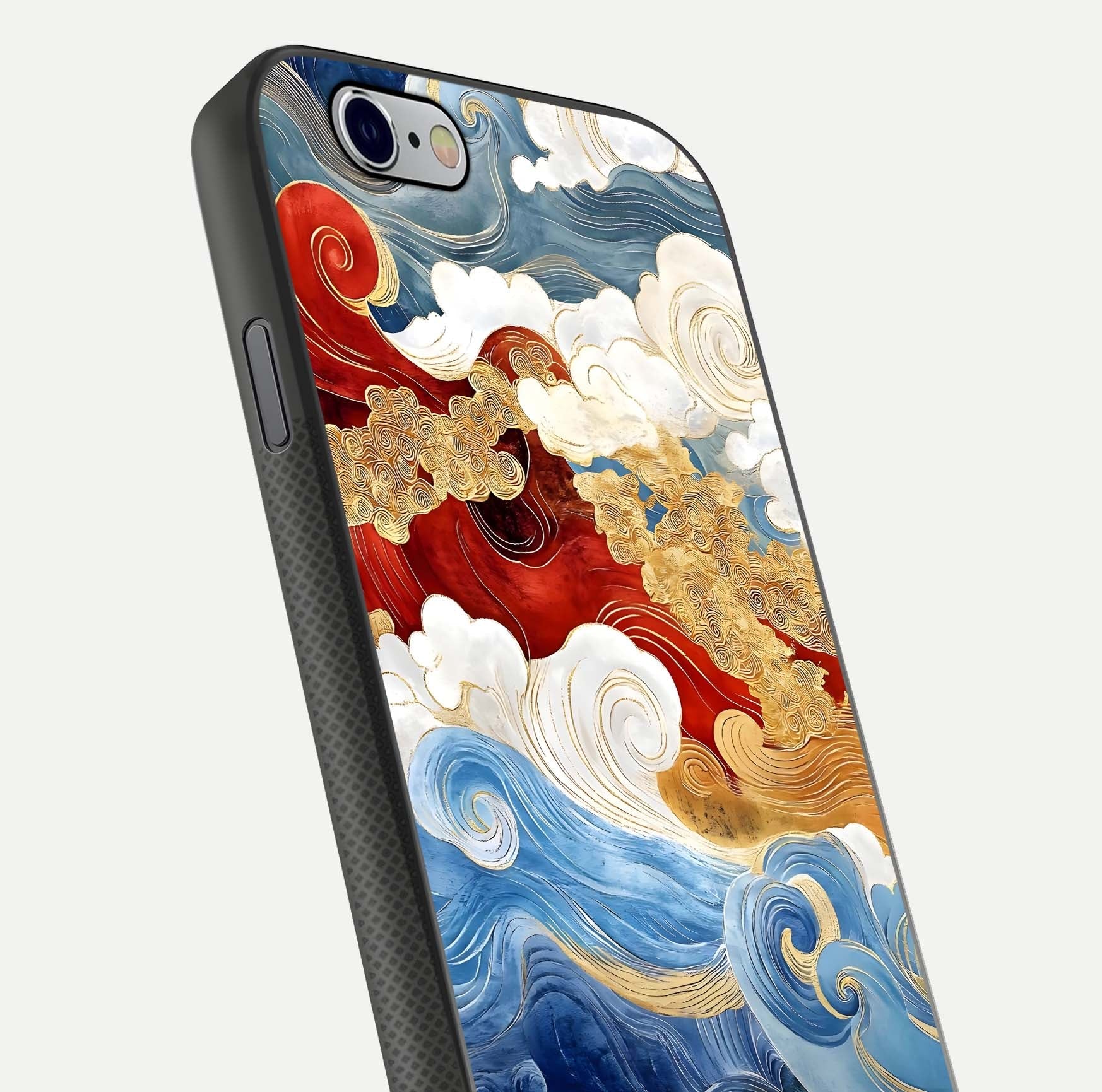 Colored Waves Glass Case for iPhone 16 Pro close-up angled shot highlighting gradient flow and light reflection