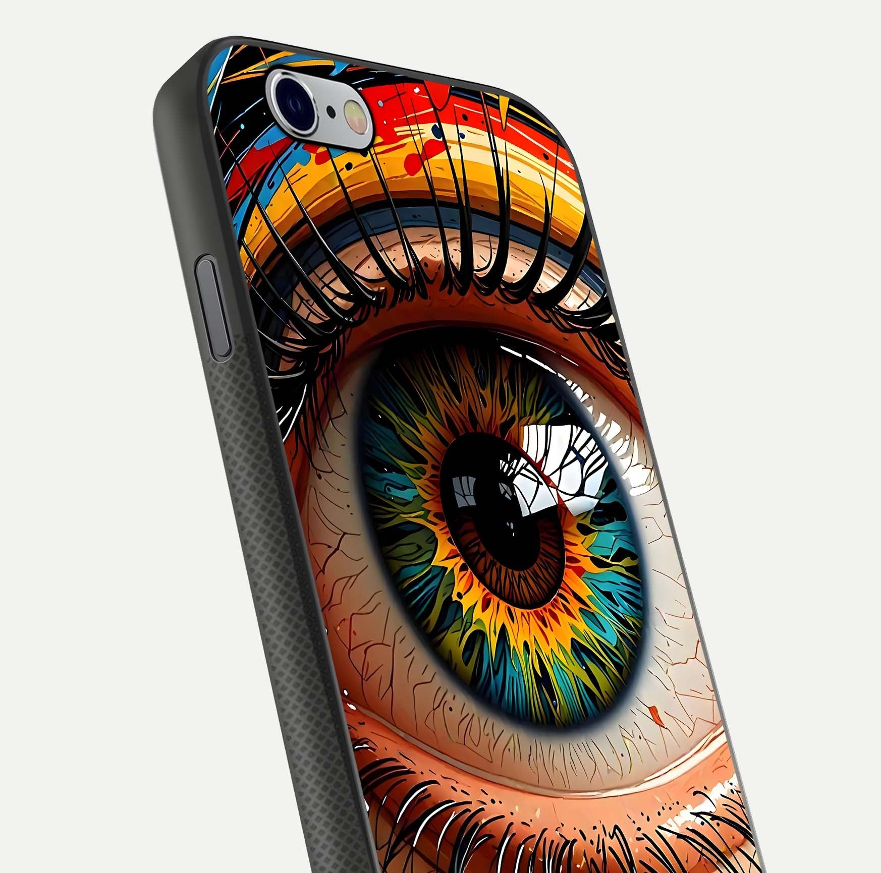 Colorful Eye Glass Case for iPhone 16 Pro close-up highlighting eye pattern detail and reflection shine