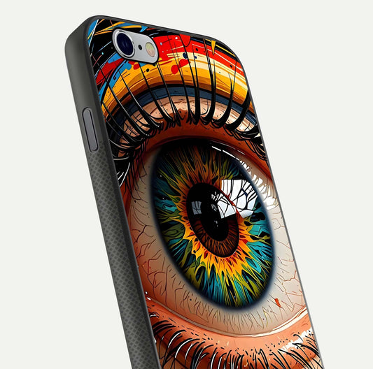 Colorful Eye Glass Case for iPhone 16 Pro close-up highlighting eye pattern detail and reflection shine