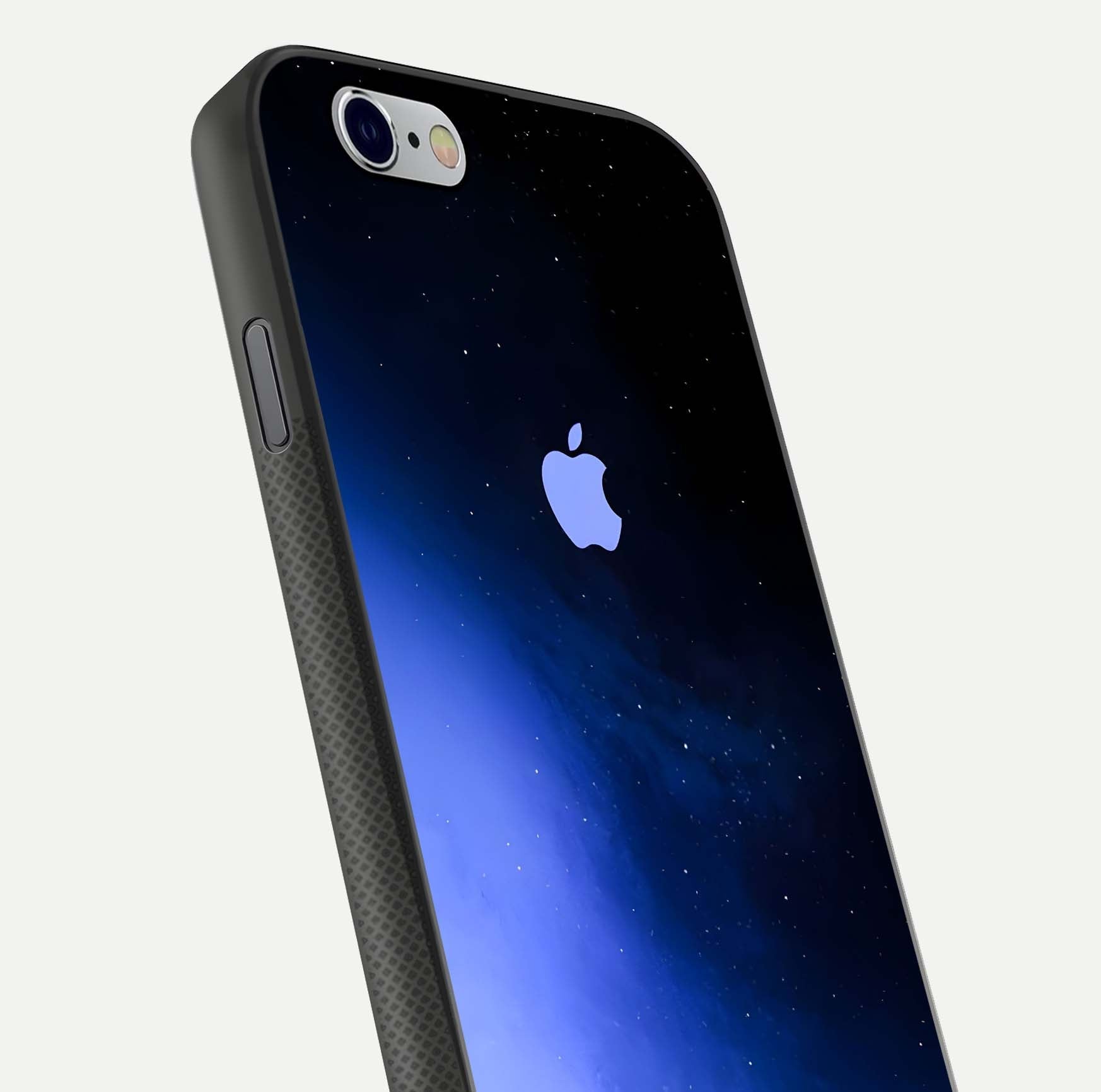 Cosmic Blue Apple Glass Case for iPhone 16 Pro close-up highlighting galaxy pattern, shine, and reflection detail