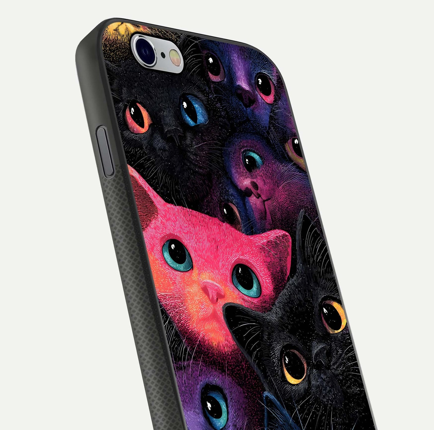 Cosmic Cats Dreams Glass Case for iPhone 16 Pro close-up highlighting cats and cosmic glow reflection