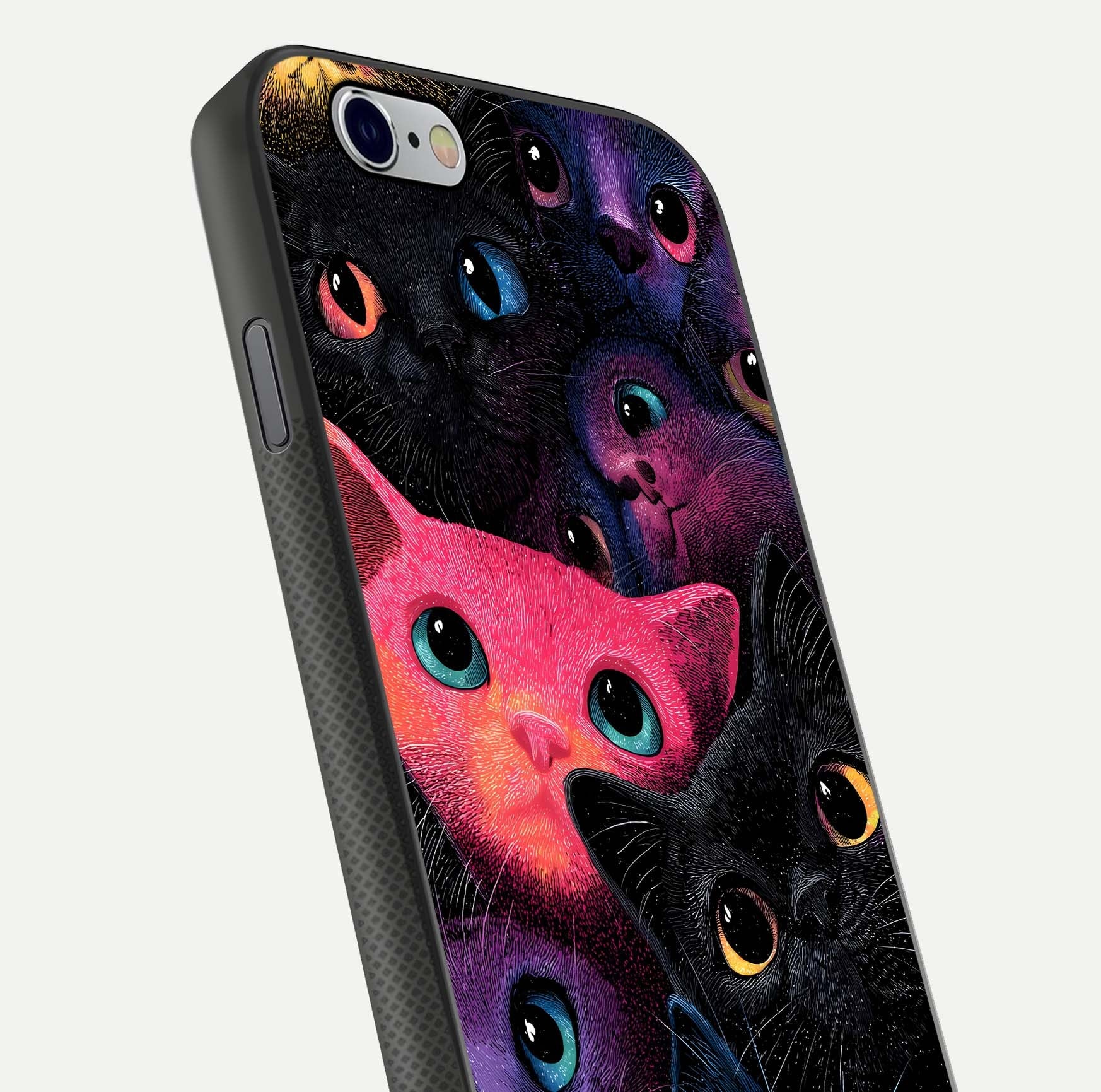 Cosmic Cats Dreams Glass Case for iPhone 16 Pro close-up highlighting cats and cosmic glow reflection