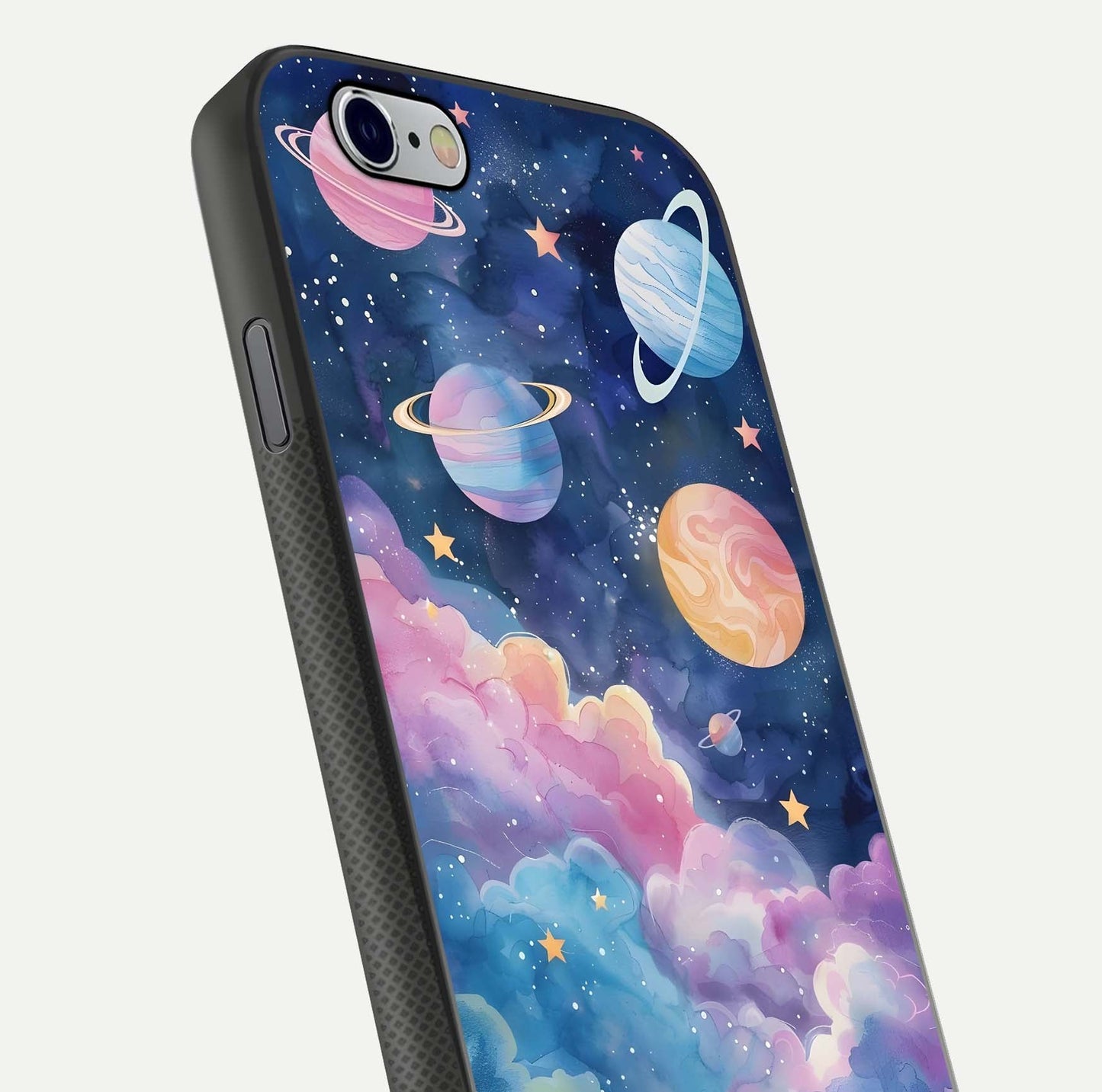 Cosmic Planet Dreams Glass Case for iPhone 16 Pro close-up highlighting planetary details and reflection glow