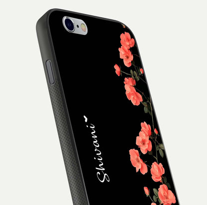 Crimson Bloom Grace Custom Name Glass Case for iPhone 16 Pro close-up highlighting flower pattern and reflection texture