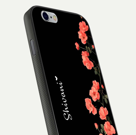 Crimson Bloom Grace Custom Name Glass Case for iPhone 16 Pro close-up highlighting flower pattern and reflection texture