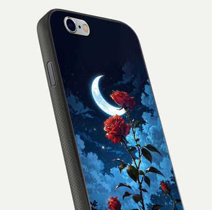 Crimson Rose Moon Glass Case for iPhone 16 Pro close-up showing rose detail and reflection highlight
