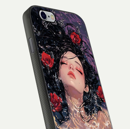 Crimson Rose Serenity Glass Case for iPhone 16 Pro close-up highlighting rose gradient and reflection detail