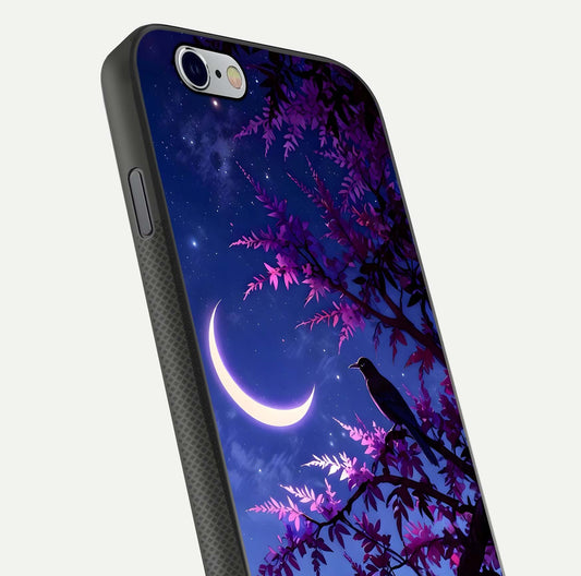 Crow & Moon Scenery Glass Case for iPhone 16 Pro close-up highlighting moon detail, dark tones, and glass reflection