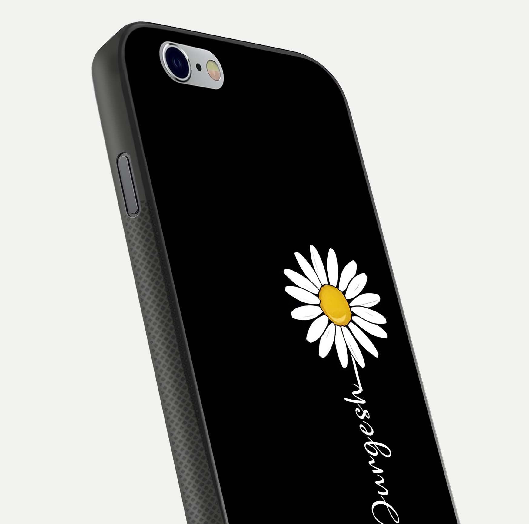 Custom Name White Flower Glass Case for iPhone 16 Pro close-up highlighting petals, name print, and reflection polish