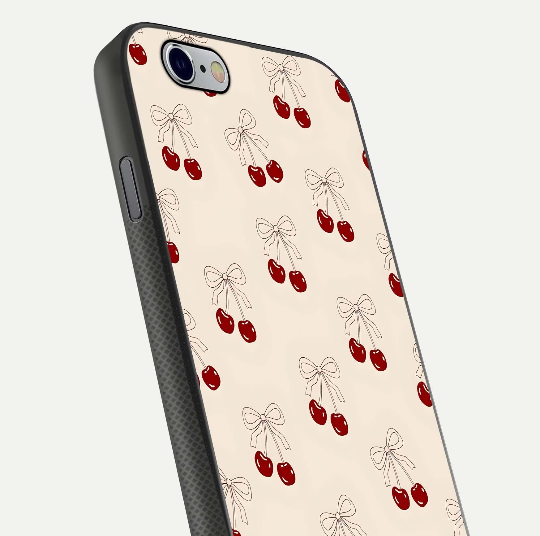 Cute Cherry Pattern Glass Case for iPhone 16 Pro close-up showing cherry cluster details and light reflection