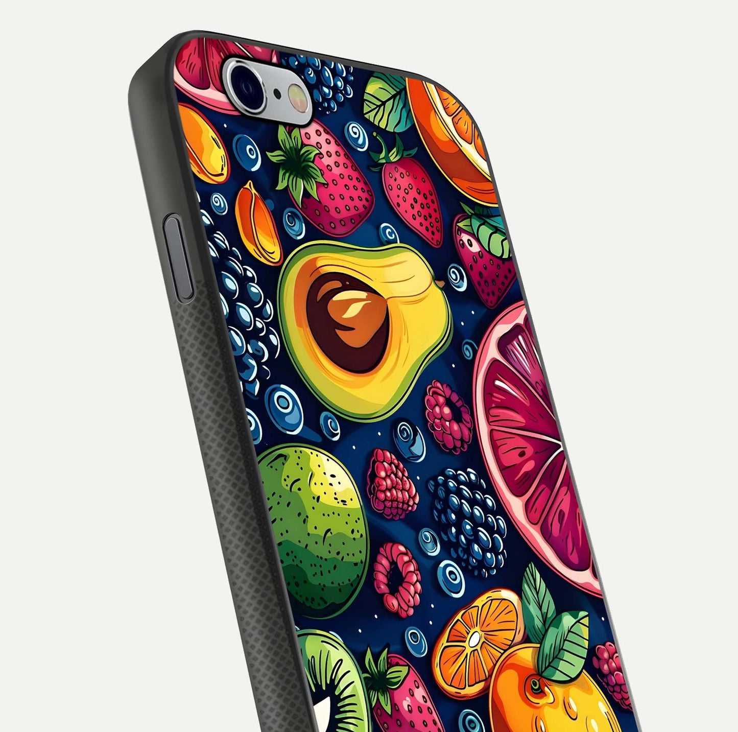 Cute Fruits Art Glass Case for iPhone 16 Pro close-up highlighting fruit shapes, color tones, and reflection polish