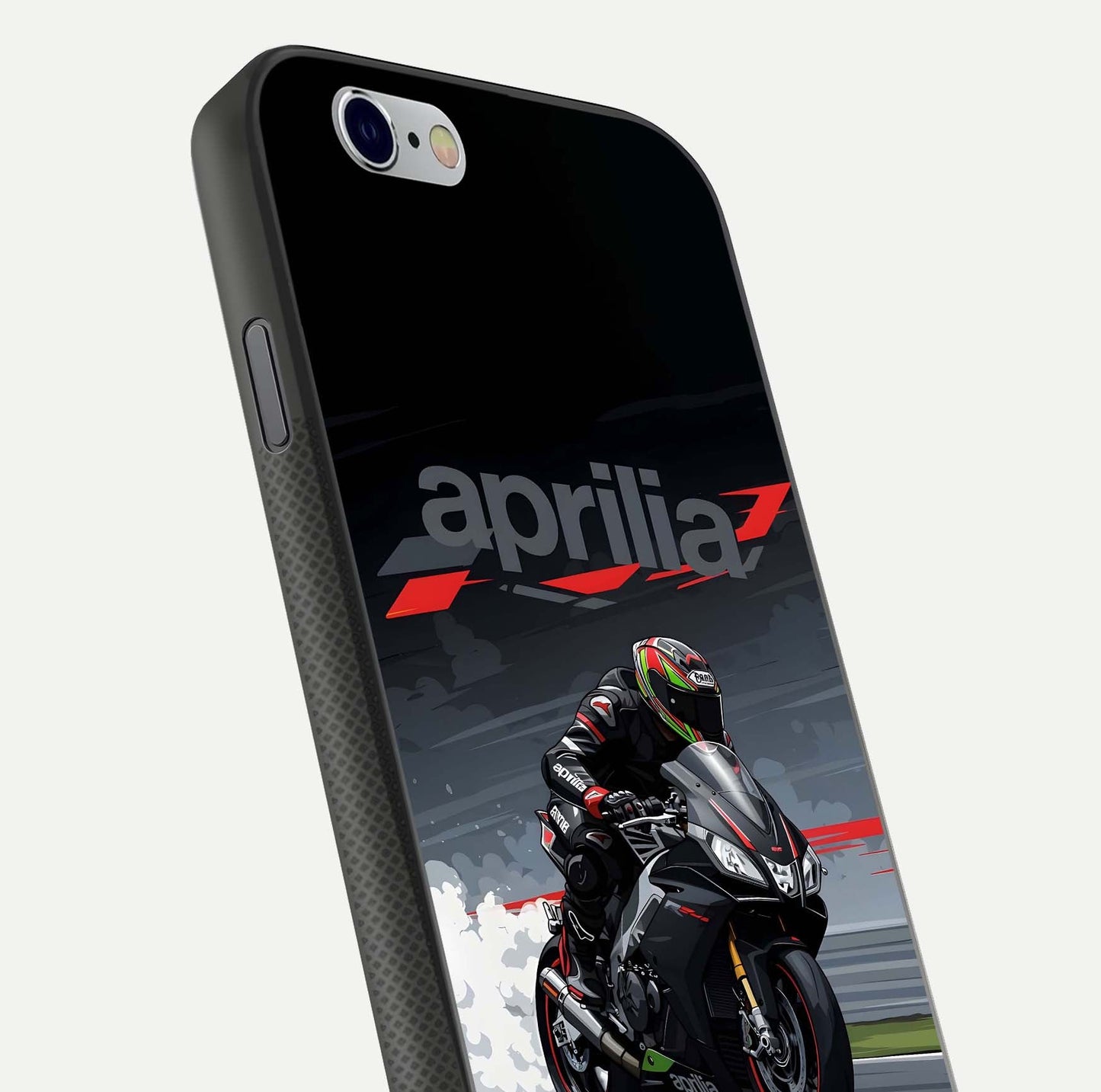 Dark Aprilla Glass Case for iPhone 16 Pro close-up highlighting detailing and reflection effect