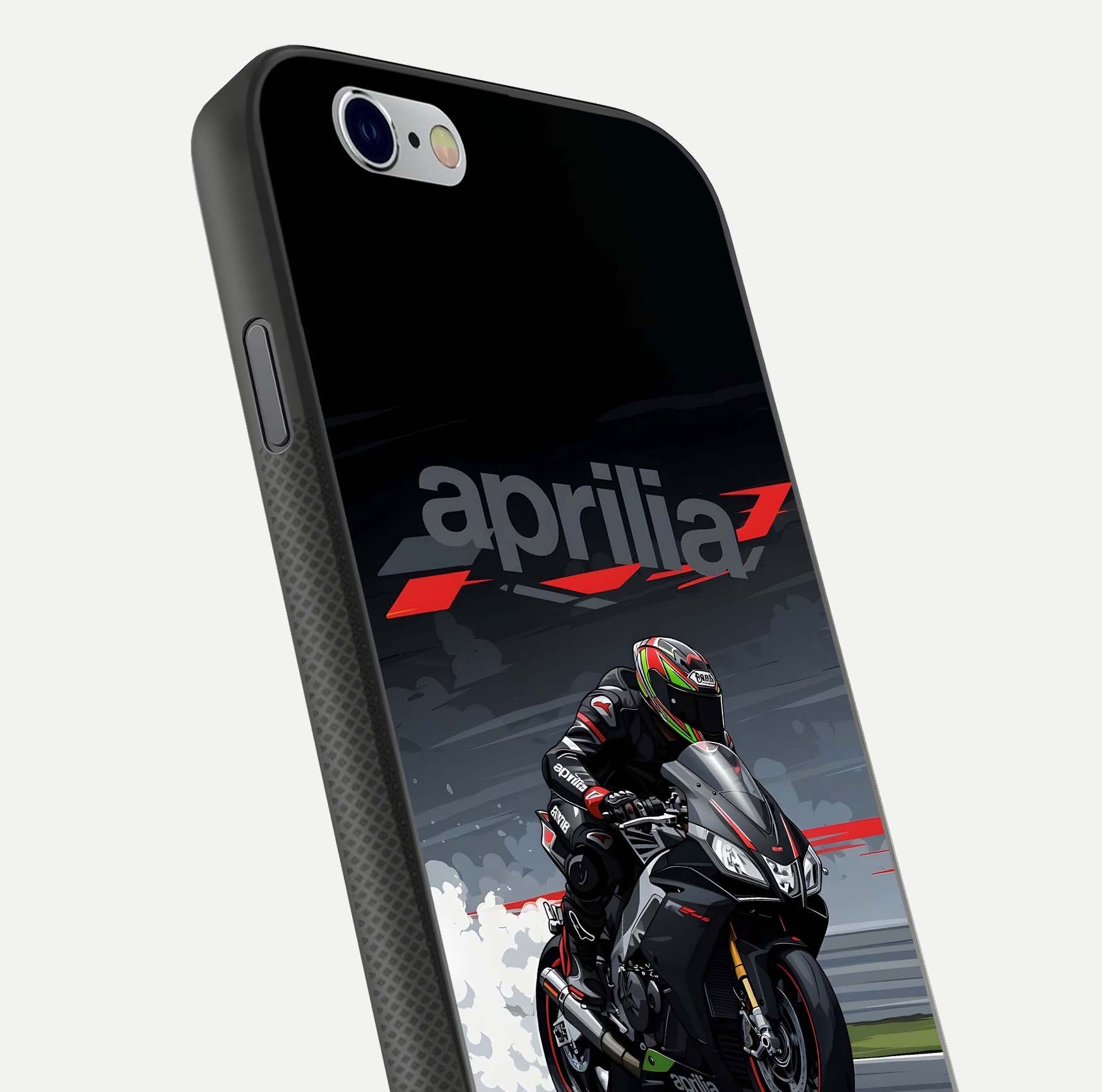 Dark Aprilla Glass Case for iPhone 16 Pro close-up highlighting detailing and reflection effect
