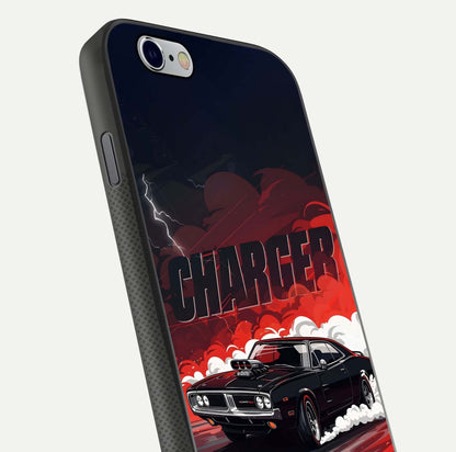 Dark Charger Fury Glass Case for iPhone 16 Pro close-up highlighting car reflection and light gloss