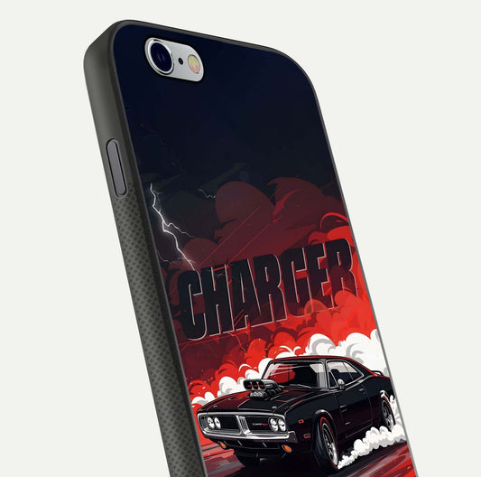 Dark Charger Fury Glass Case for iPhone 16 Pro close-up highlighting car reflection and light gloss