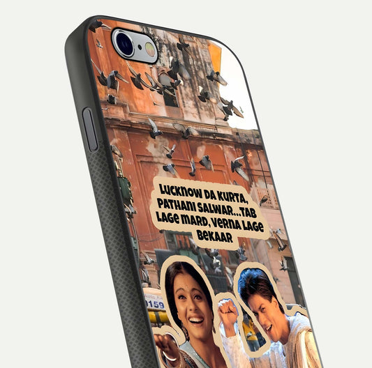 Desi Retro Vibes Glass Case for iPhone 16 Pro close-up highlighting retro color palette and reflection glow