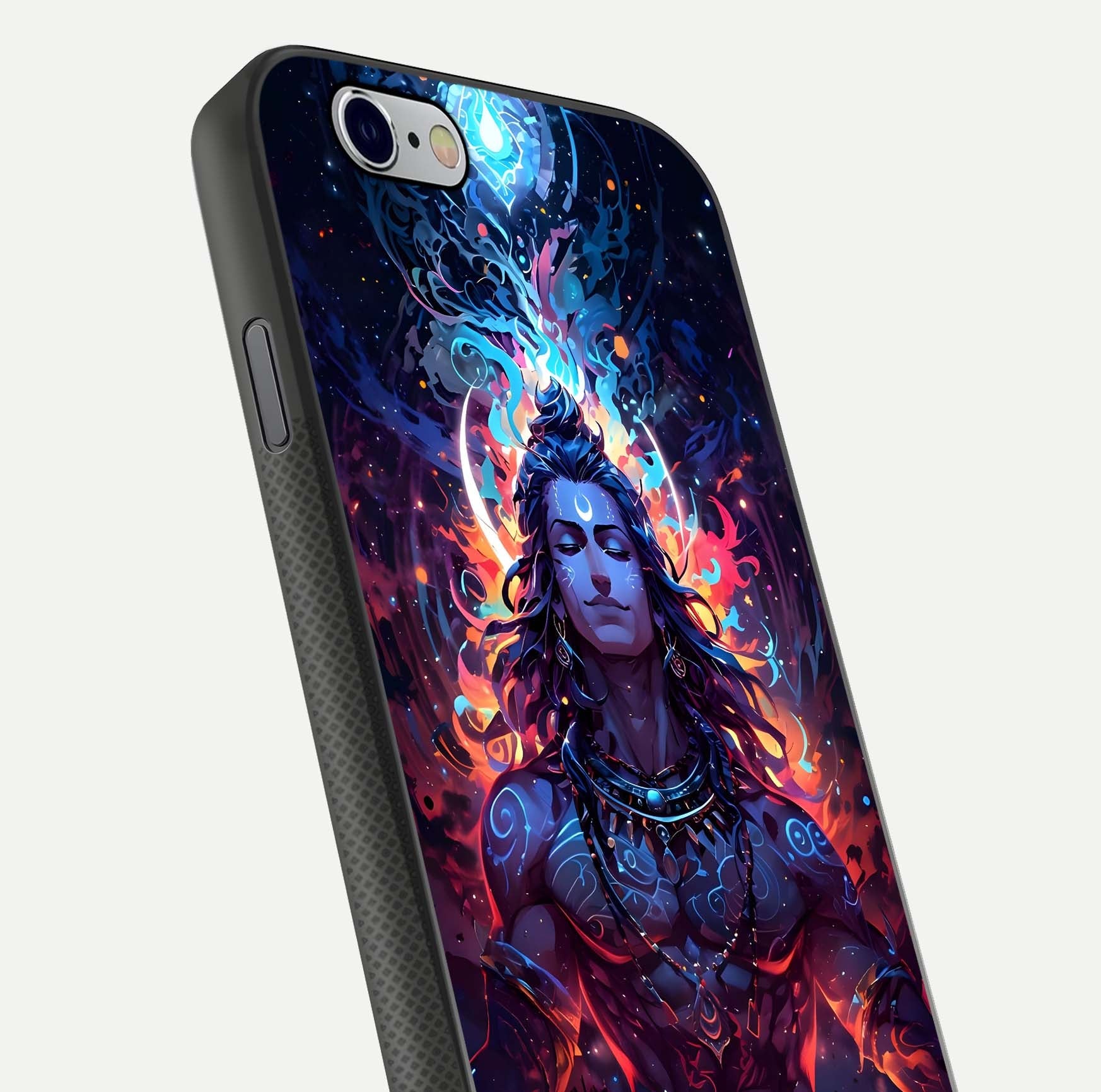 Divine Fire Shiv Glass Case for iPhone 16 Pro close-up highlighting divine detailing and reflection depth