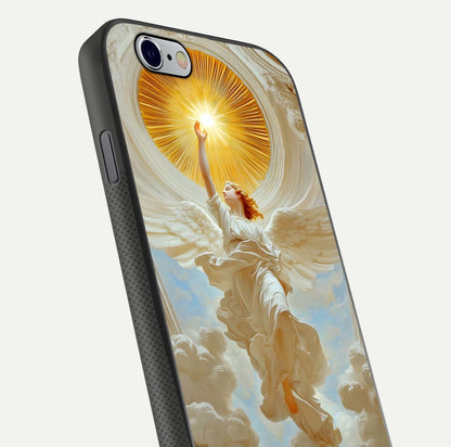 Divine Light Angel Glass Case for iPhone 16 Pro close-up highlighting light rays and glass reflection