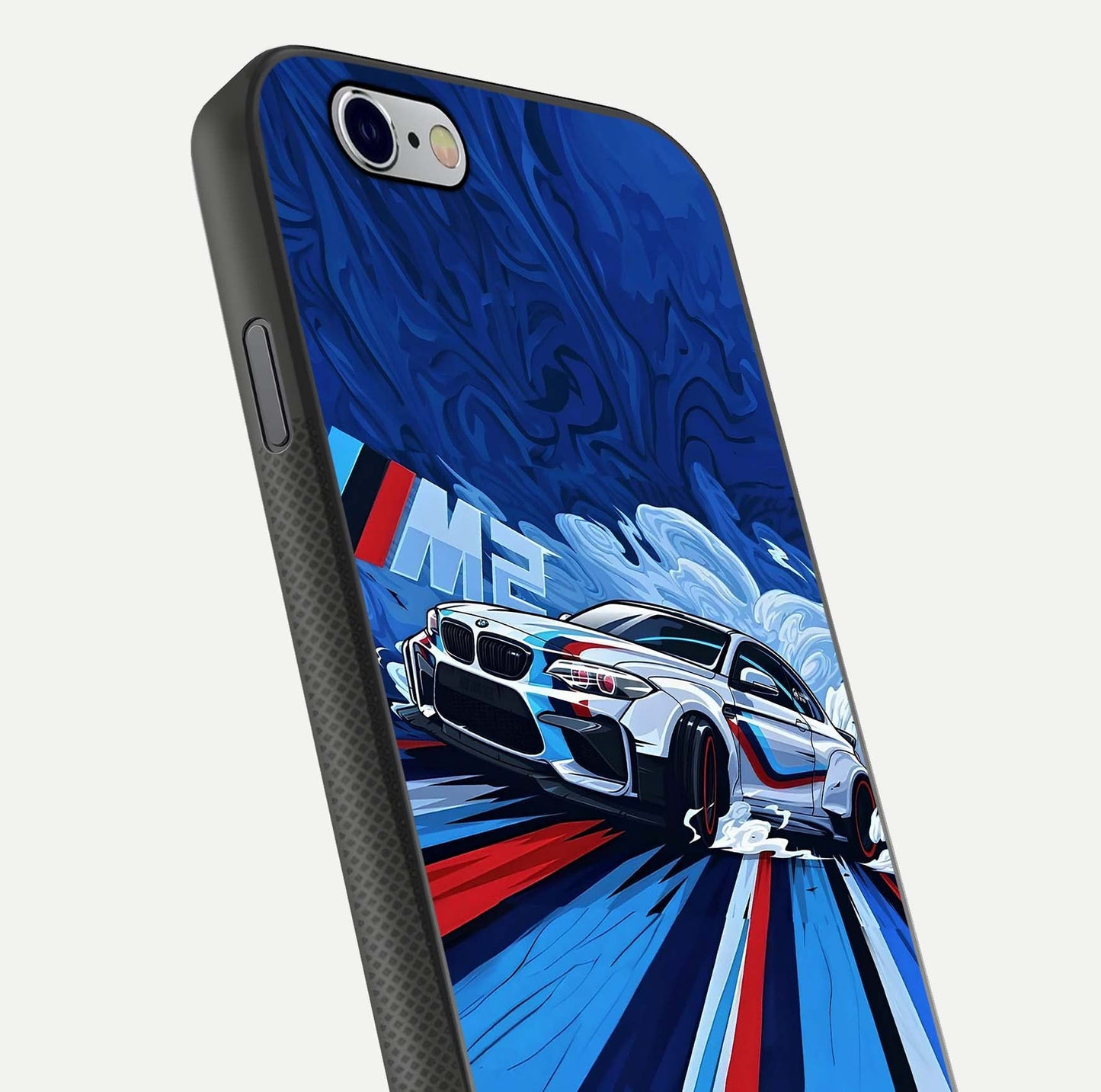 Drift Power Rush Glass Case for iPhone 16 Pro close-up highlighting car reflection and metallic tones