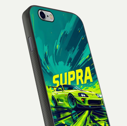 Electric Supra Thunder Glass Case for iPhone 16 Pro close-up highlighting car reflection, neon tones, and gloss polish