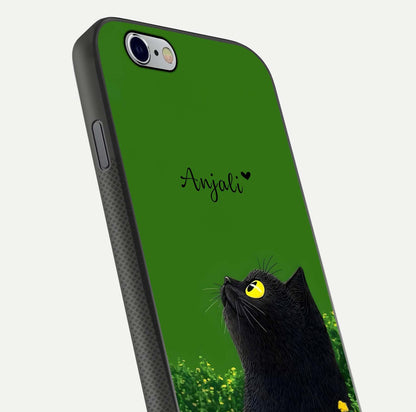 Emerald Cat Custom Name Glass Case for iPhone 16 Pro close-up highlighting feline detail, emerald hues, and reflection polish