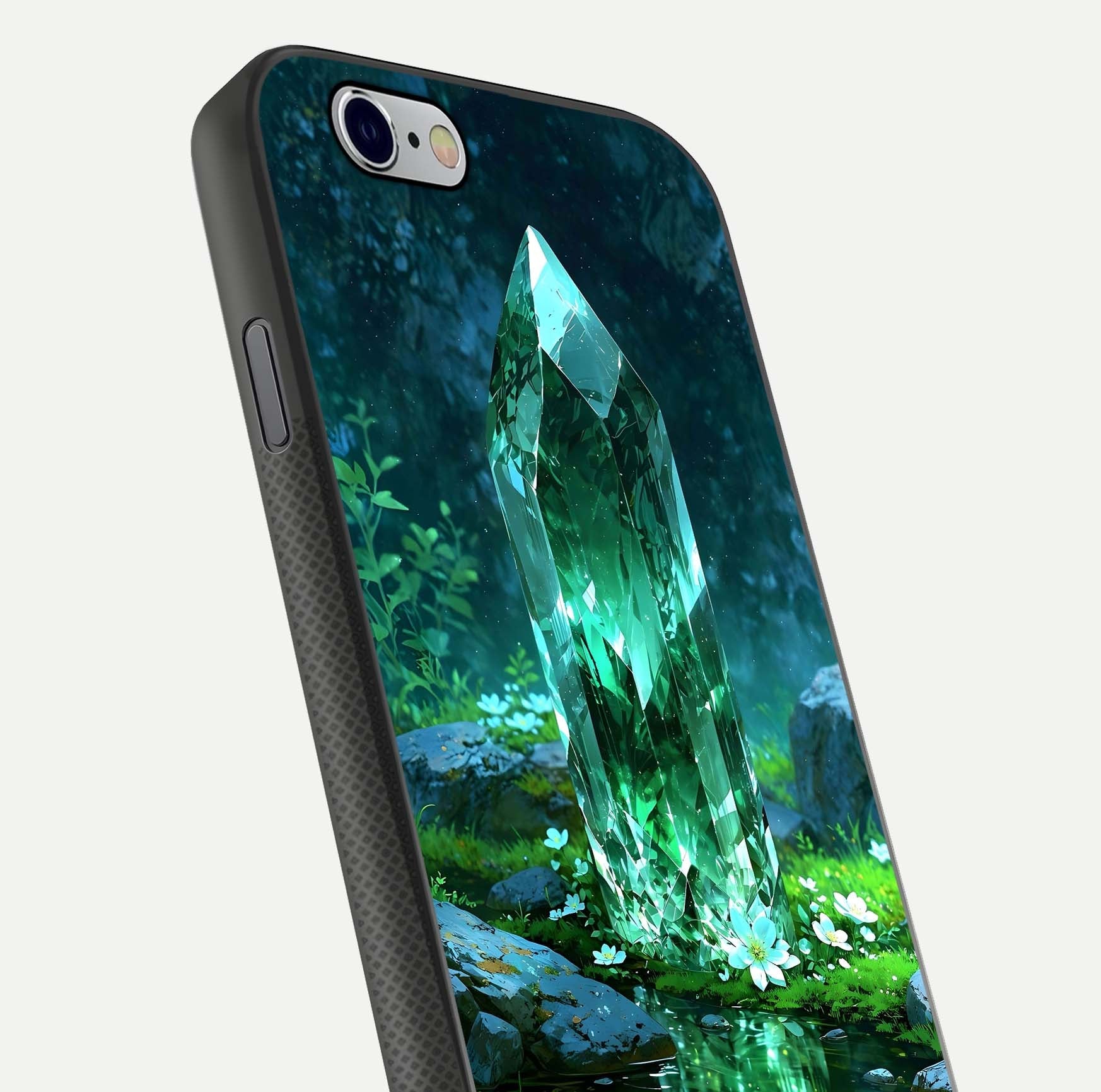 Emerald Light Crystal Glass Case for iPhone 16 Pro close-up highlighting crystal texture and reflection glow
