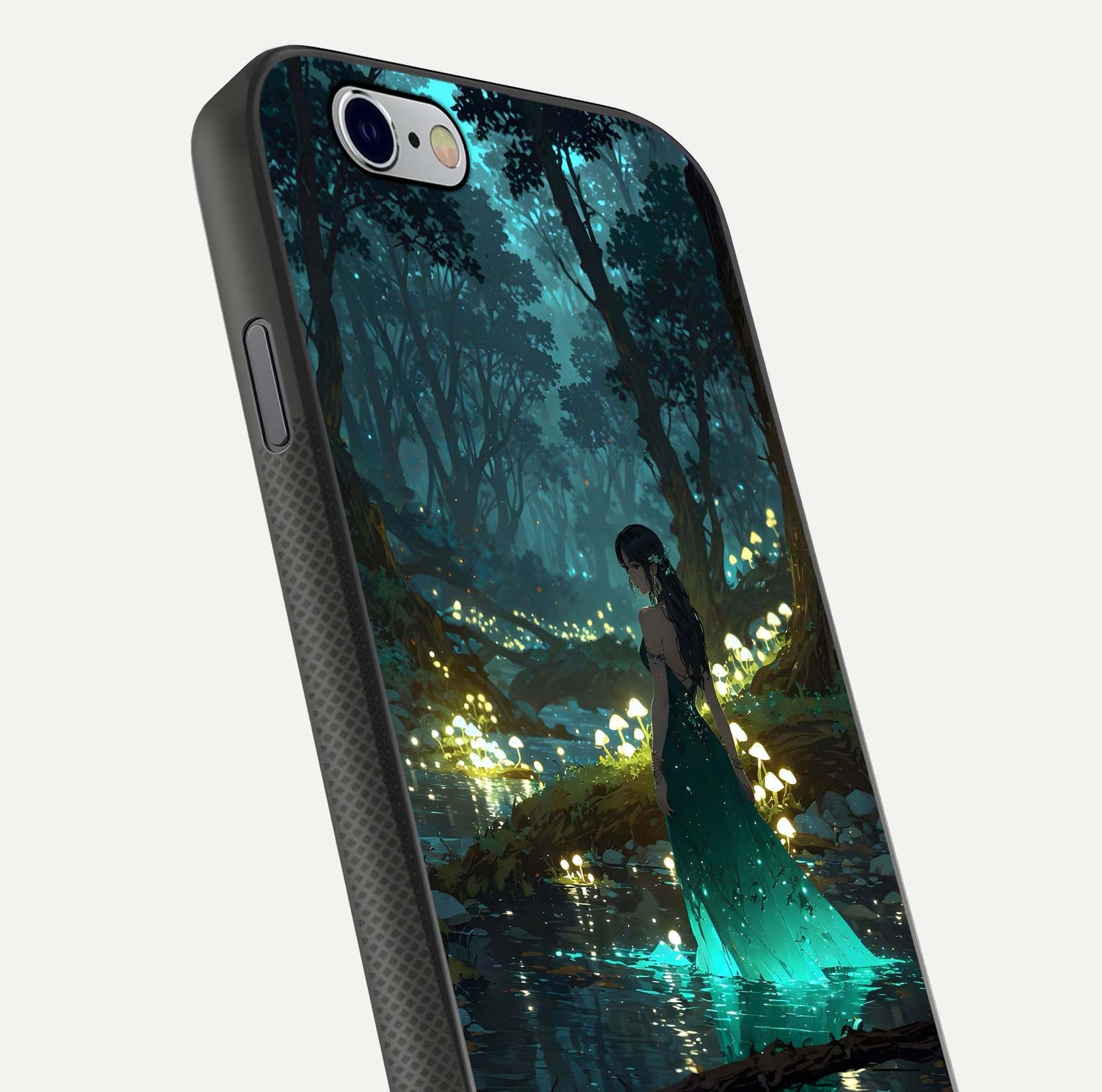 Enchanted Forest Glow Glass Case for iPhone 16 Pro close-up highlighting trees, lights, and reflection texture