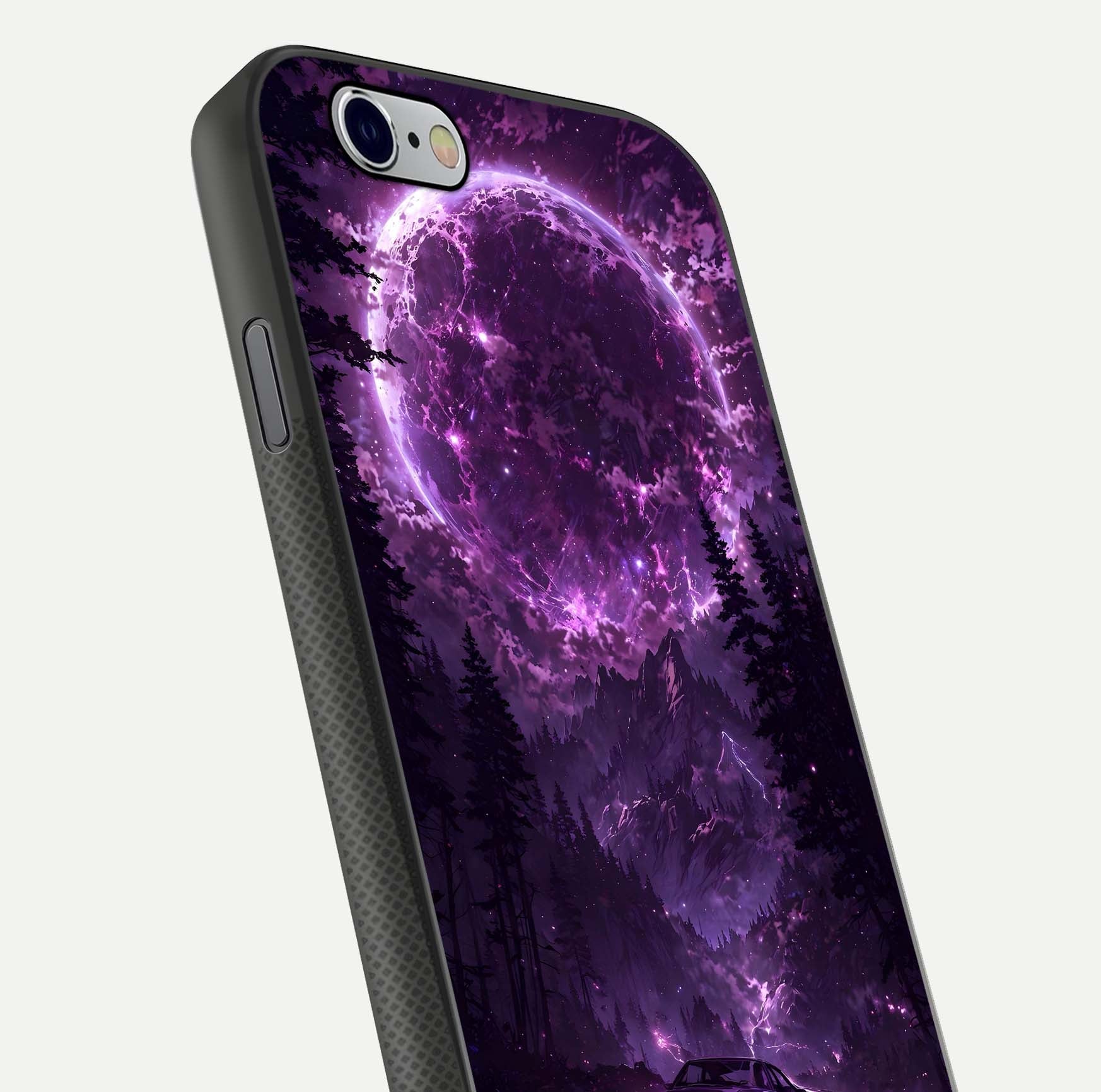 Eternal Cosmic Drive Glass Case for iPhone 16 Pro close-up highlighting cosmic lights and reflection depth