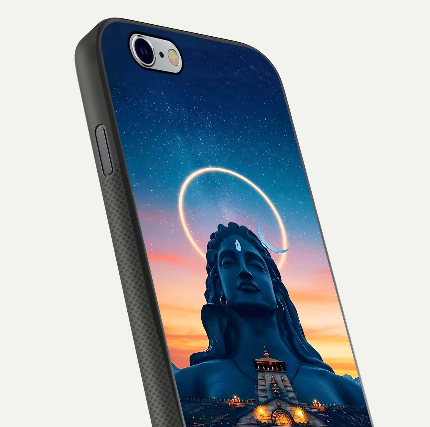 Eternal Shiva Aura Glass Case for iPhone 16 Pro close-up highlighting divine detailing and reflection light