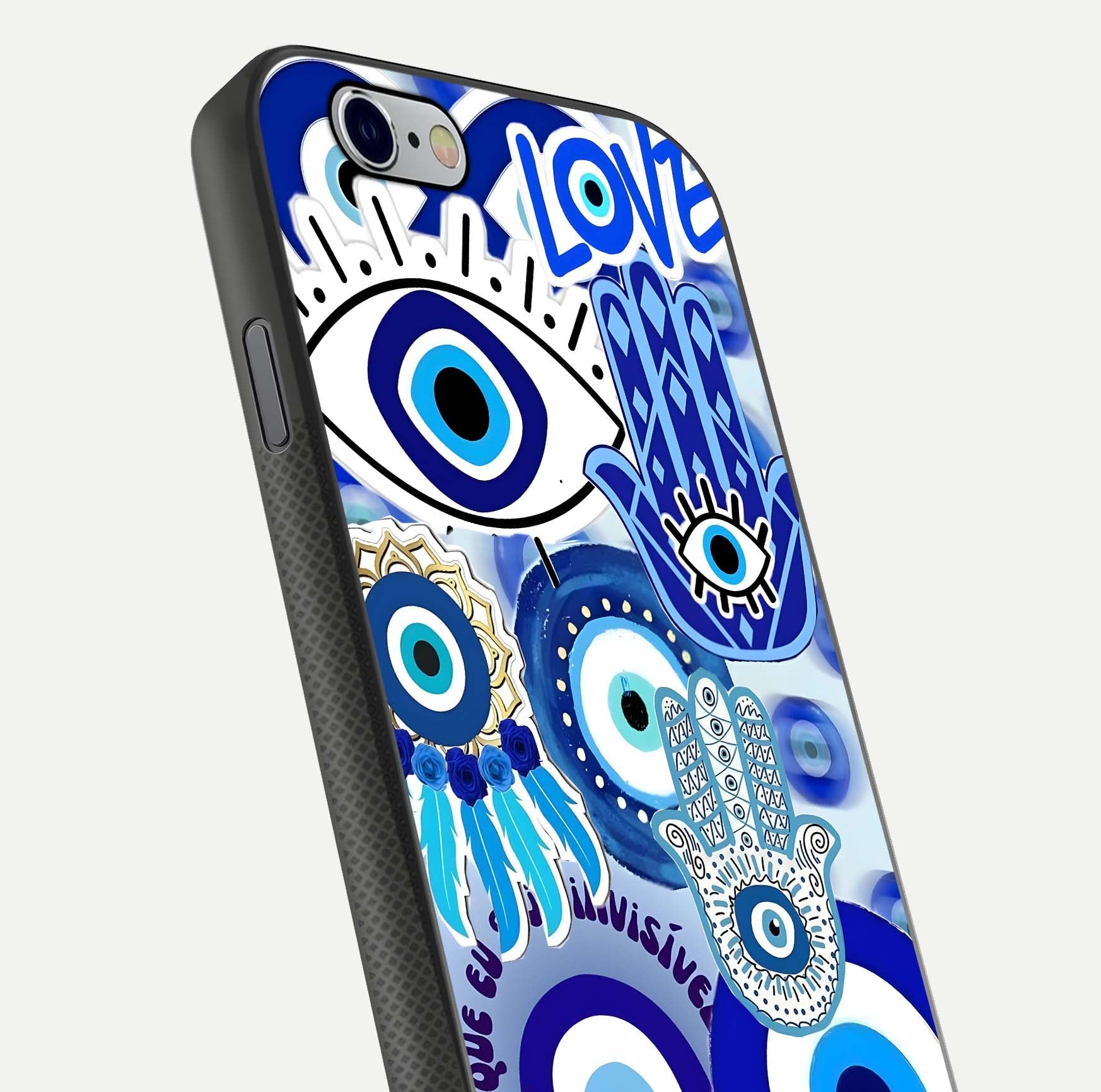 Evil Eyes Dream Glass Case for iPhone 16 Pro close-up highlighting evil-eye charm detail and light reflection on glass