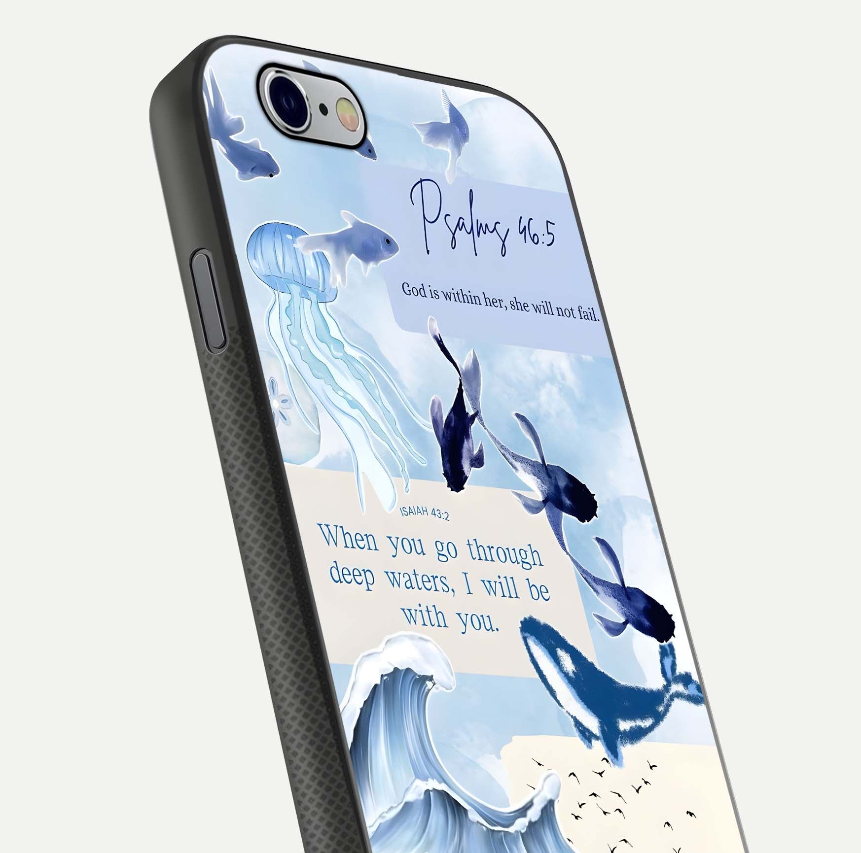 Faithful Ocean Promise Glass Case for iPhone 16 Pro close-up highlighting water reflection and serene blue tones