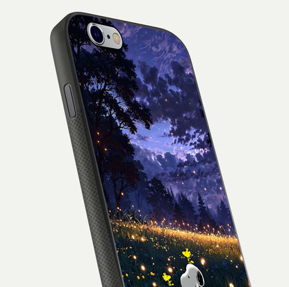 Firefly Meadow Magic Glass Case for iPhone 16 Pro close-up highlighting luminous firefly light and reflection detail