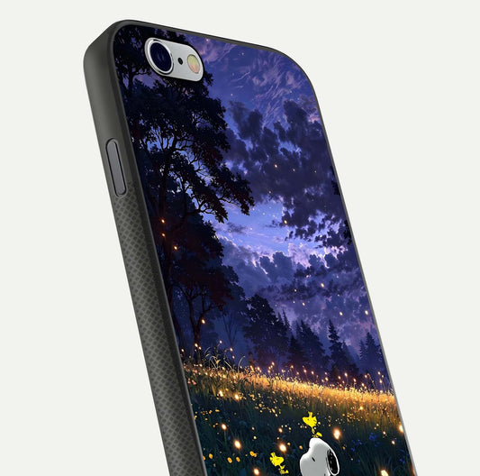 Firefly Meadow Magic Glass Case for iPhone 16 Pro close-up highlighting luminous firefly light and reflection detail