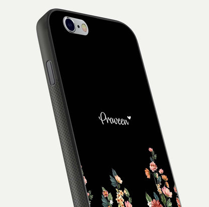 Floral Design Personalized Custom Name Glass Case for iPhone 16 Pro close-up highlighting name clarity, petals, and gloss