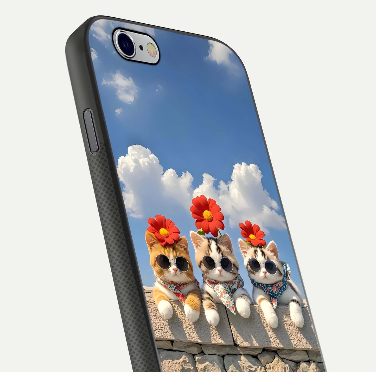 Floral Kitty Squad Glass Case for iPhone 16 Pro close-up highlighting cat detail and flower patterns with HD shine