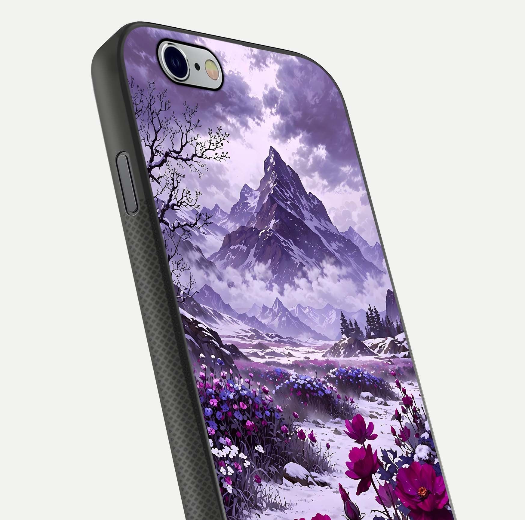 Flower Mountain View Glass Case for iPhone 16 Pro close-up highlighting petal details and sky reflection