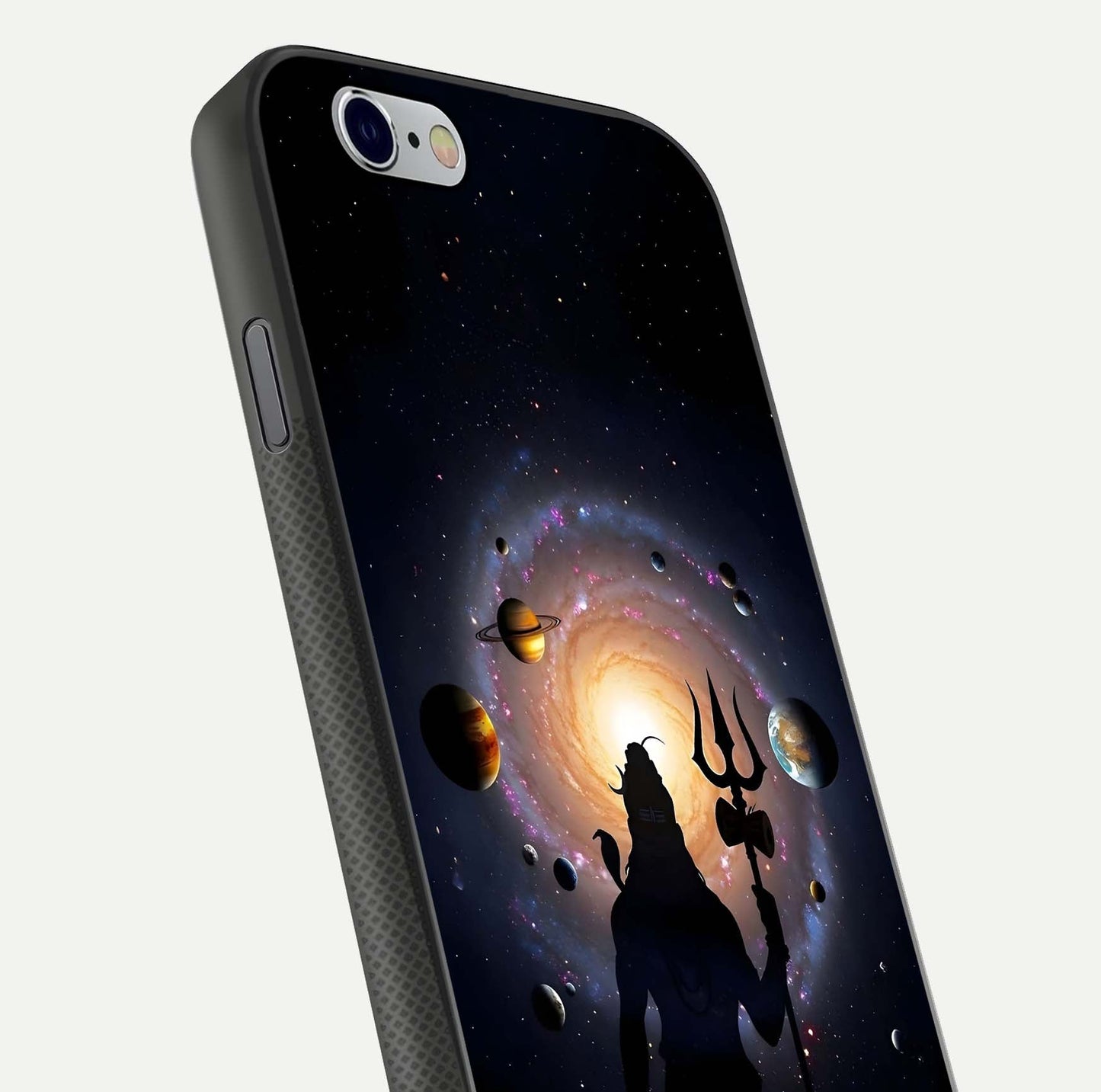 Galactic Shiva Vision Glass Case for iPhone 16 Pro close-up angled shot highlighting divine aura, trident details, and reflection shine