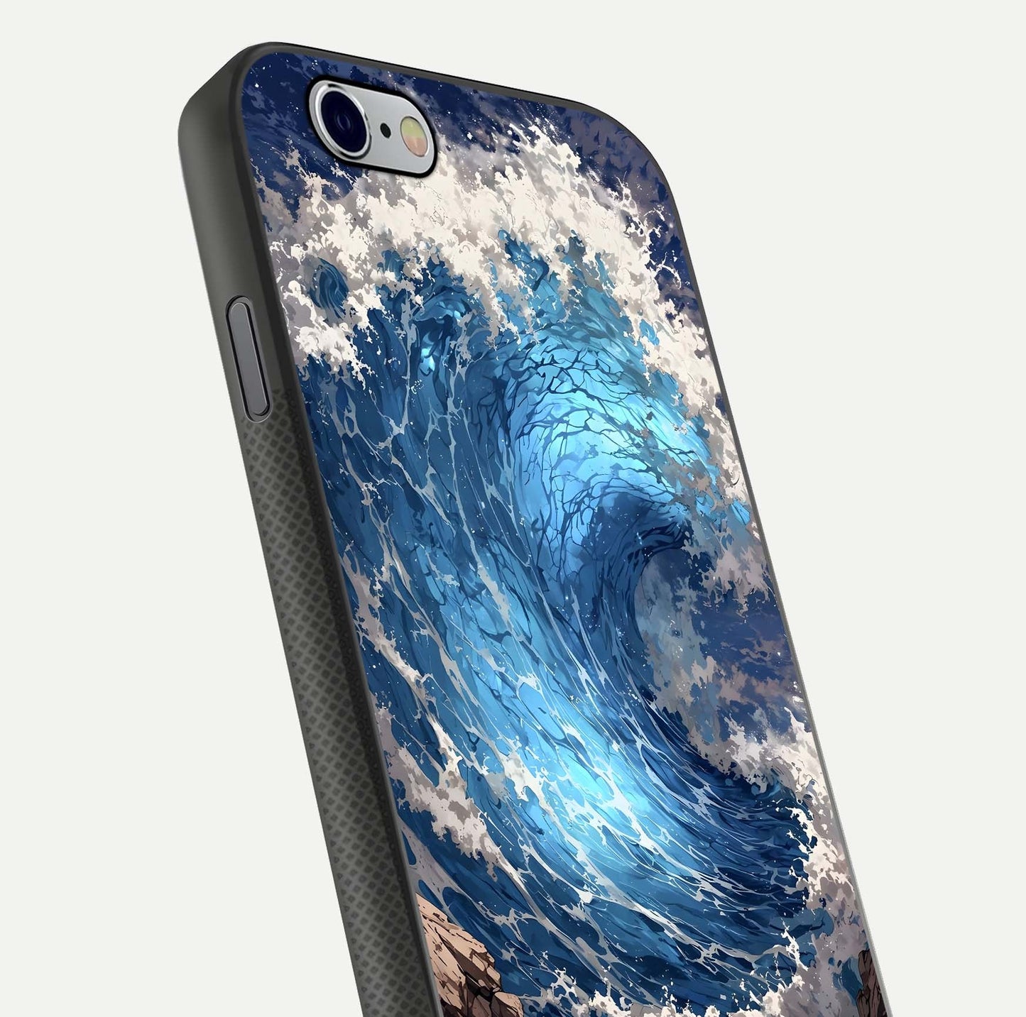 Giant Ocean Wave Glass Case for iPhone 16 Pro close-up angled shot showing wave texture and water reflection shine