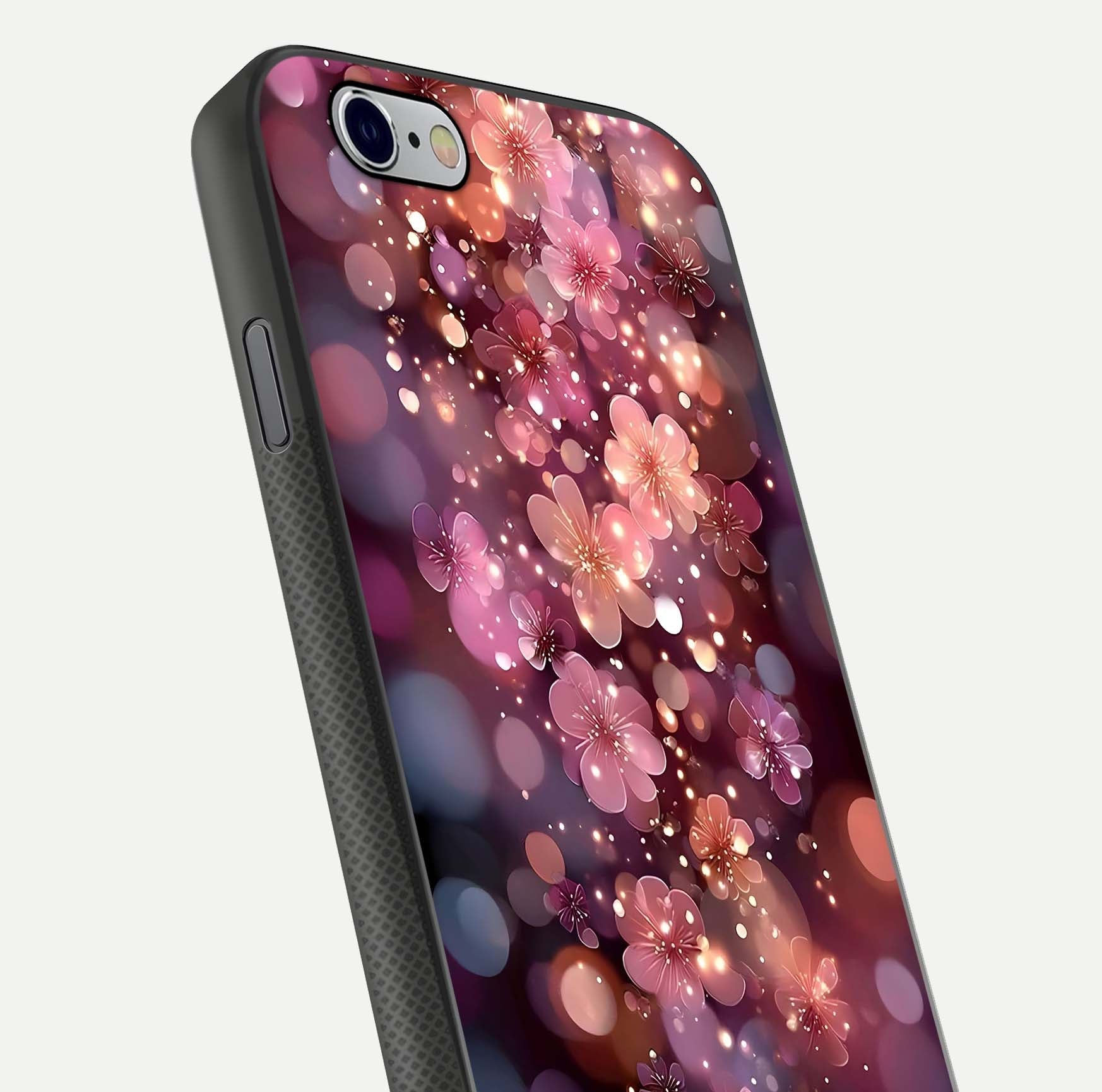 Glowing Petal Bliss Glass Case for iPhone 16 Pro close-up angled shot showing petal glow, color depth, and reflection shine