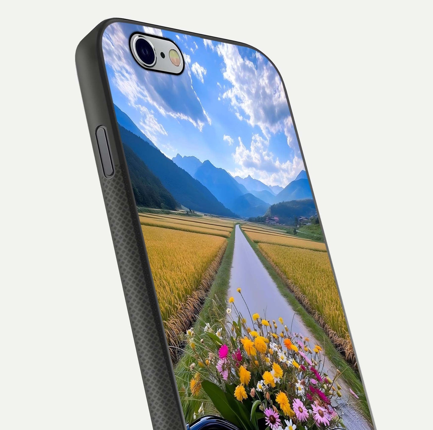 Golden Field Journey Glass Case for iPhone 16 Pro close-up angled shot showing sunlight tones and reflection clarity
