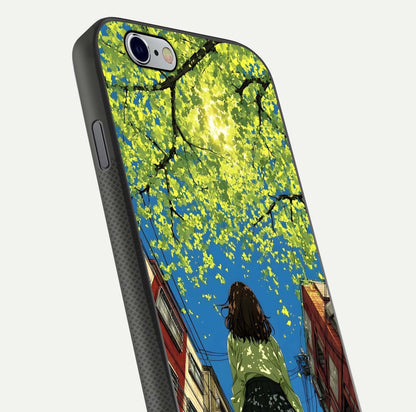 Golden Leaves Glow Glass Case for iPhone 16 Pro close-up angled shot showing fine leaf texture and reflection shine