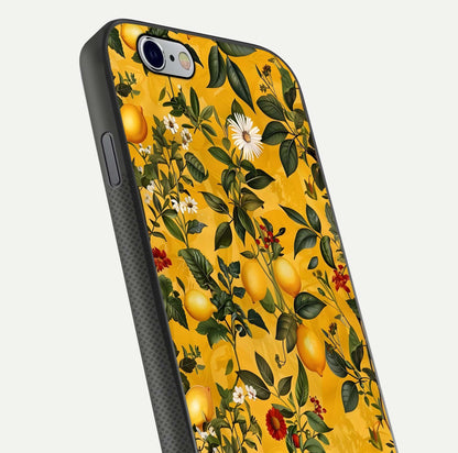 Golden Lemon Field Glass Case for iPhone 16 Pro close-up angled shot showing citrus texture and reflection brilliance