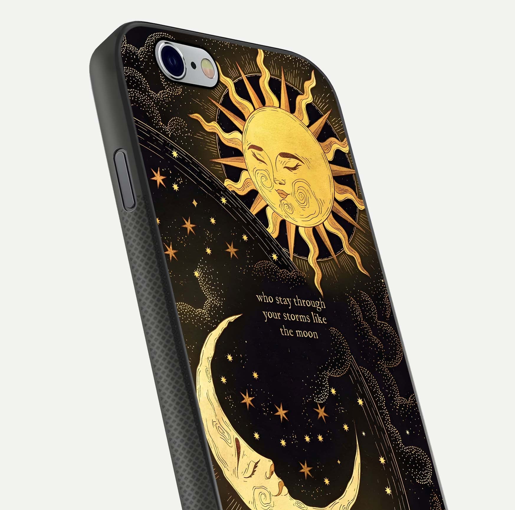 Golden Lunar Love Glass Case for iPhone 16 Pro close-up angled shot showing moon glow, texture, and reflection polish