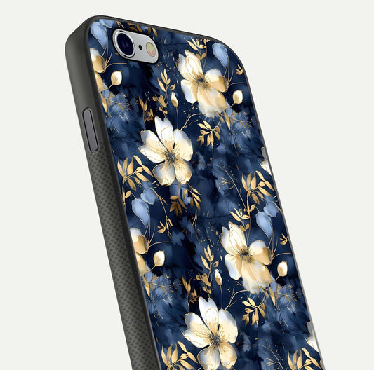Golden Midnight Bloom Glass Case for iPhone 16 Pro close-up angled shot showing floral detail and reflection shine
