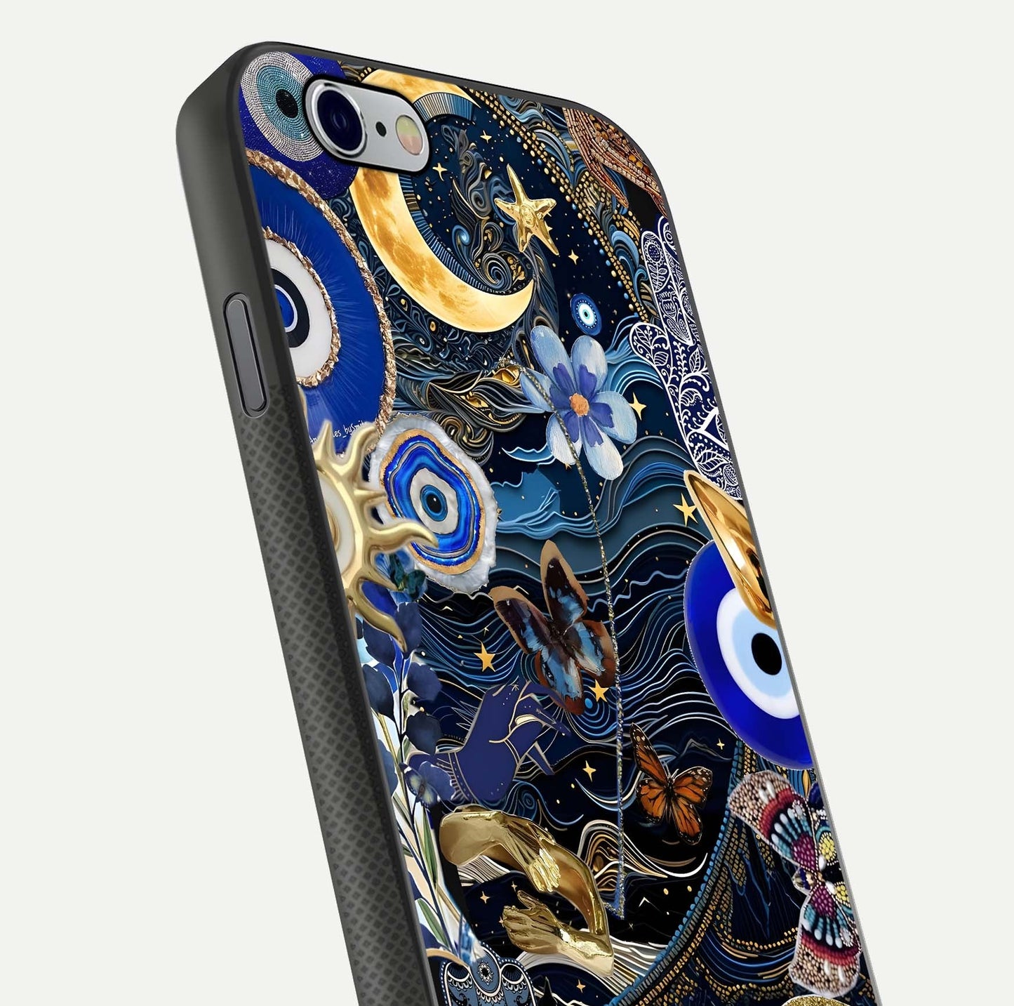 Golden Moon Magic Glass Case for iPhone 16 Pro close-up angled shot showing lunar glow, star detail, and reflection brightness