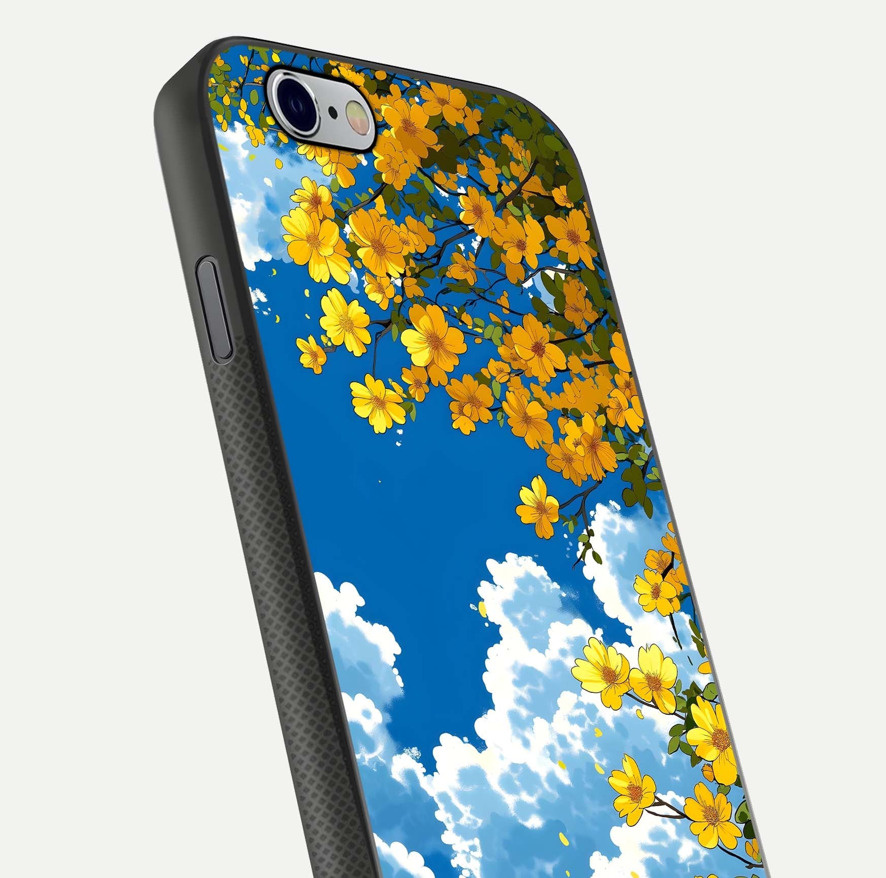 Golden Petal Sky Glass Case for iPhone 16 Pro close-up angled shot showing petal texture and shine reflection
