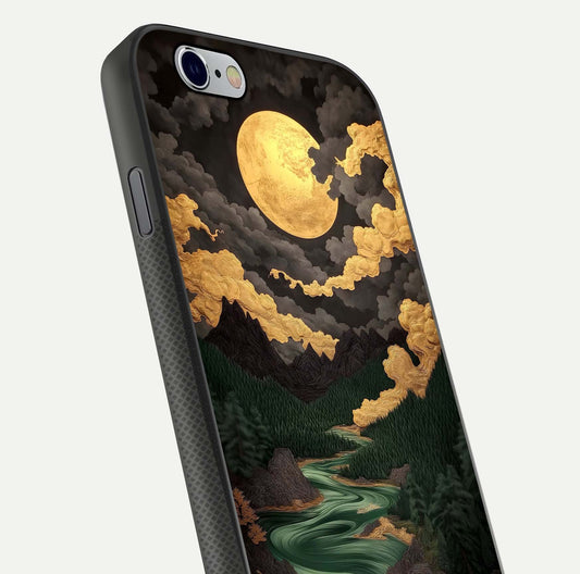 Golden River Moon Glass Case for iPhone 16 Pro close-up angled shot showing moon reflection and water shine