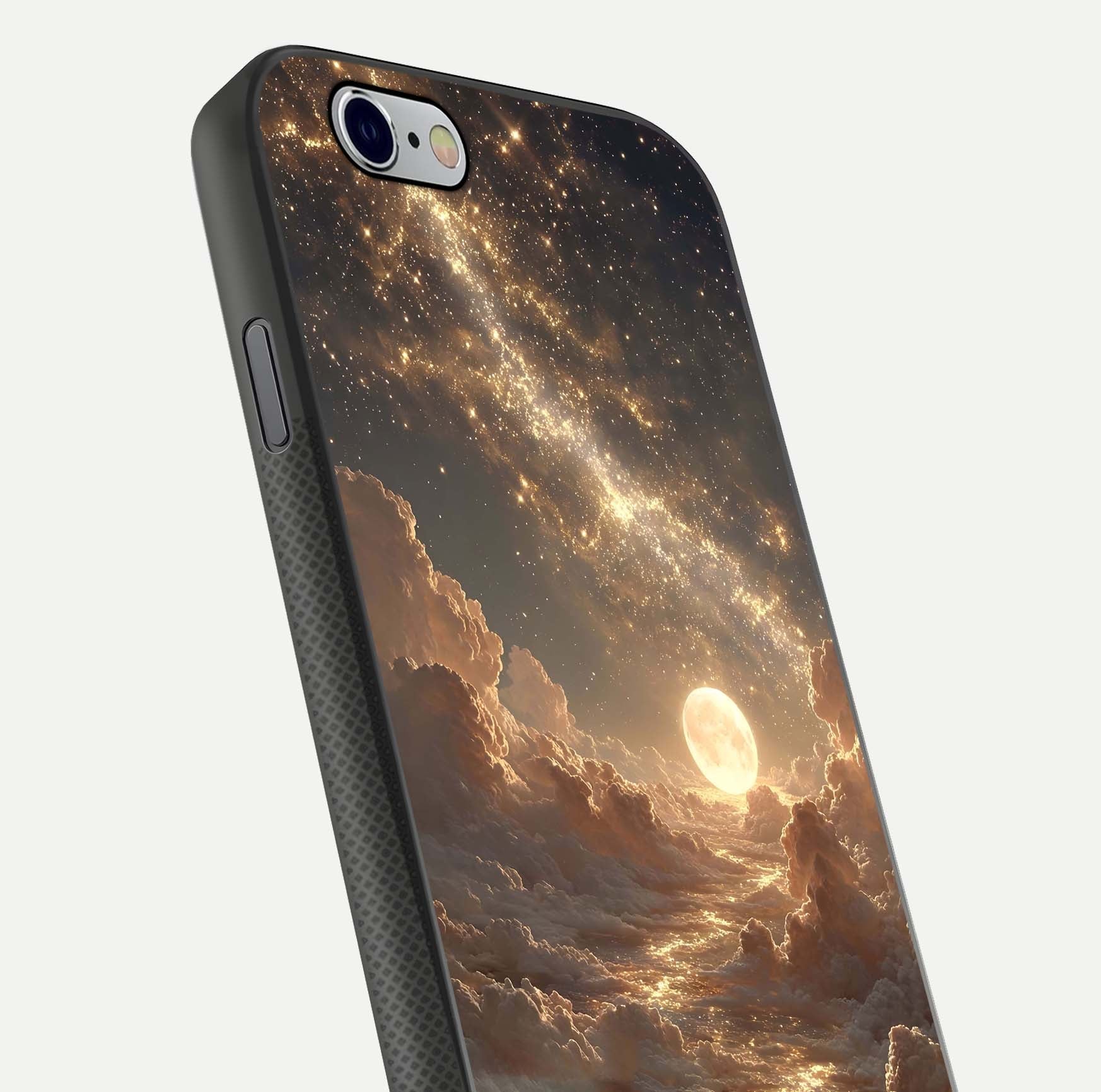 Golden Sky Dream Glass Case for iPhone 16 Pro close-up angled shot showing gradient tones and reflection polish