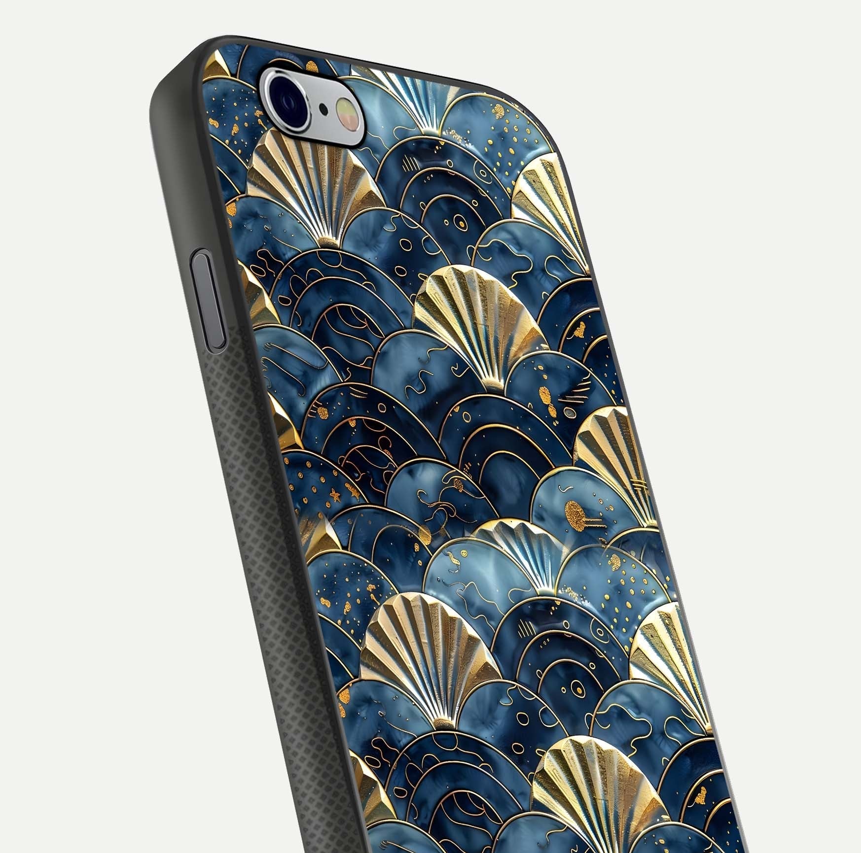 Golden Wave Luxe Glass Case for iPhone 16 Pro close-up angled shot showing flowing wave texture and reflection brightness